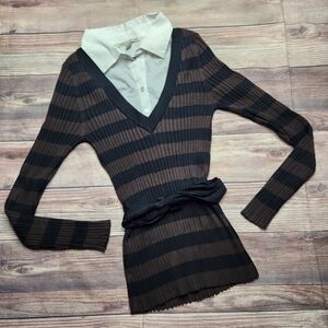 5/$15 Carolyn Taylor Brown Ribbed Striped V-Neck Sweater Shirt with Mock Collar